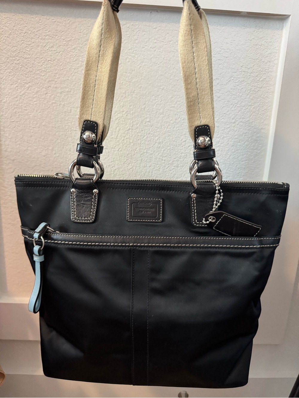 Coach Black Nylon Tote with Cream Canvas Straps and Light Blue Zip Pull